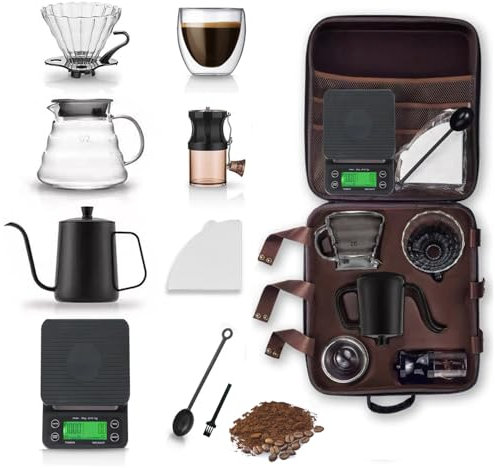 HJB VISSO Coffee Maker Set, 10 Pack V60 Pour Over Drip Coffee Set with Coffee Grinder, Server, Kettle, Filter, Scale & Glass Drip Funnel, All in Gift Bag