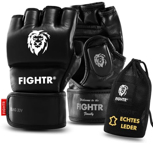 FIGHTR® Pro MMA Guanti in vera pelle per Grappling Sparring Training Kickboxing Muay Thai Boxe Sacco da boxe | per uomini e donne con borsa per il trasporto (nero, M)