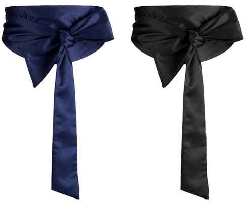 TRKETK 2 Pezzi Cintura da Donna in Raso, 9,5 cm x 250 cm Cintura Liscia da Abito Cintura da Sposa Cintura in Tessuto da Donna Cintura in Vita Lunga per Matrimonio, Occasioni Speciali (Nero, Blu Navy)
