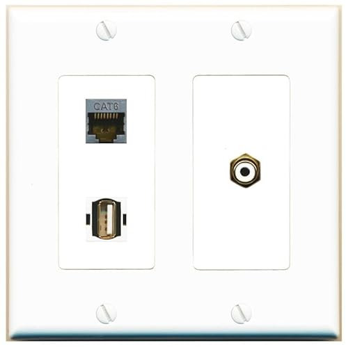 RiteAV Placa de pared hembra hembra hembra con conector USB 2, 2 bandas, 1 puerto, CAT6-SHIELDED RCA, color blanco