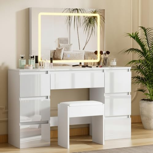 LSBIKE Schminktisch mit Spiegel und Hocker, 7 Schubladen, Weiß Hochglanz, Frisiertisch mit LED Beleuchtung, Make-up Tisch für Schlafzimmer, Schminktisch Set für Damen und Mädchen (Weiß)
