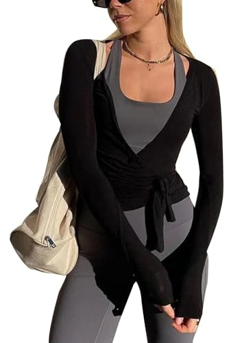 Y2K - Camiseta de ballet para mujer, manga larga, cuello en V profundo, con lazo cruzado, para entrenamiento, yoga, danza