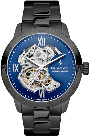Seizmont Montre automatique pour homme - Montre squelette noire avec cadran bleu - Acier inoxydable 316L et verre saphir, Noir