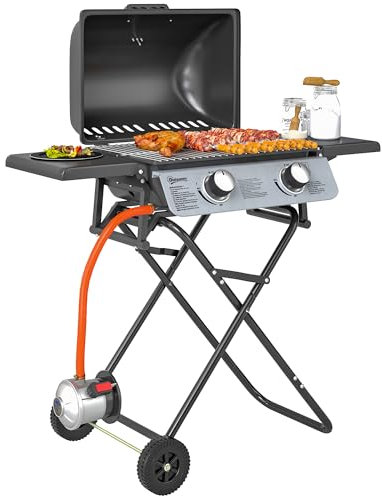Outsunny Barbecue gaz transportable pliable, 2 brûleurs 5,6 kW barbecue gaz de camping avec grille de cuisson, étagères latérales, couvercle, thermomètre et roues, pour camping, jardin et balcon noir