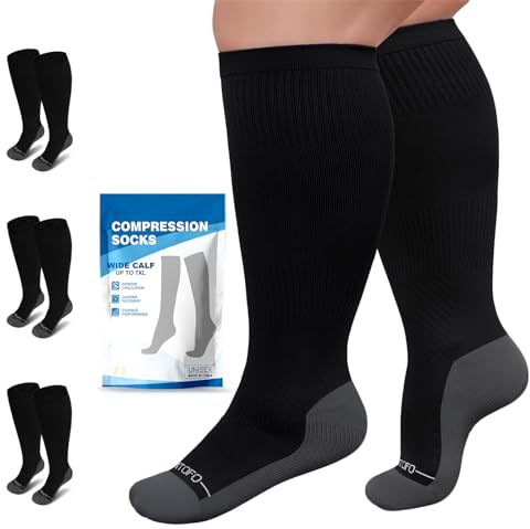Compression Socks for Women Wide Calf: Plus Size 20-30mmHg Medical Support Stockings for Nurses, Pregnant Women, Men, Flying, Travel – 3 Pairs (Black, 3XL)