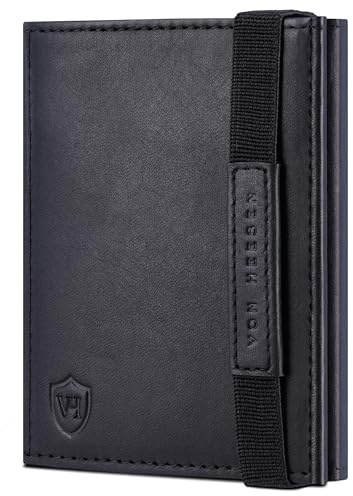 VON HEESEN Slim Wallet mit Münzfach & RFID-Schutz - Mini Geldbörse Herren & Damen - Kartenetui Kreditkartenetui - Portmonee Geldbeutel Portemonnaie klein (Schwarz Waxy)