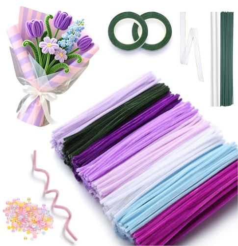 Wegfwbe 850 Stück 8 Farben Pipe Cleaner Flower Set, Pfeifenputzer zum Basteln für Blumen Set mit Die Perlen & Geschenkband, Blumenband Staubblatt für Blumenstrauß DIY Geschenke
