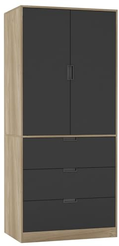 URBNLIVING Modern 2 Door Wardrobe with 3 Drawers & Hanging Rail, Stylish Freestanding Storage, Spacious Interior, Durable Chipboard Build, Easy to Assemble Bedroom Furniture
