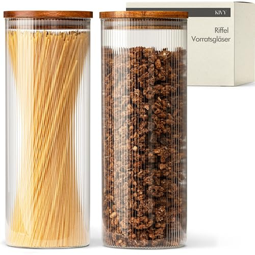 KIVY Riffel Vorratsgläser mit Deckel - 2x 1.8L - Luftdicht - BPA-Frei | Für Spaghetti, Mehl, Müsli Aufbewahrung Glas - Nudelgläser mit Deckel - Spaghetti Aufbewahrung Glas- Gläser Akaziendeckel