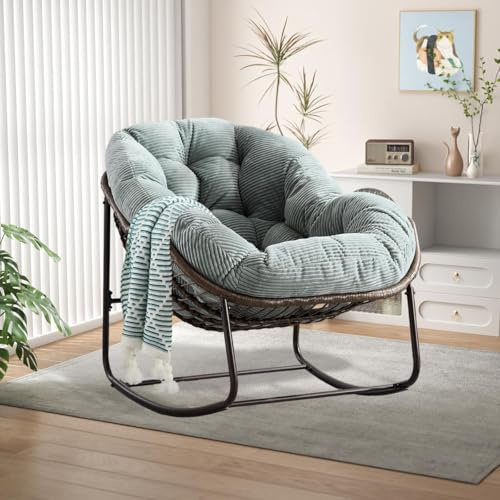 LIFEISLE Schaukelstuhl Schaukelsessel mit Rattan, Loungesessel drinnen & draußen, Ei-Schaukelstuhl für Wohnzimmer Balkon Garten Outdoor und Indoor Cord Hellgrün