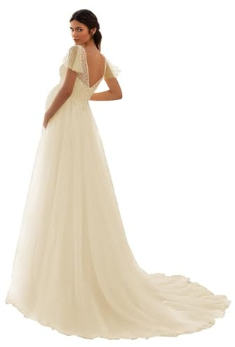 HAIBFJIN Vestido de maternidad de tul, cuello en V, vestido de novia para embarazadas, vestidos de maternidad para baby shower, sesión de fotos, champán, 50