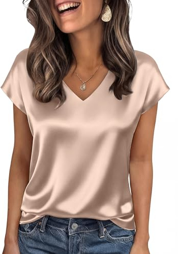 Summer Tops for Women Business Casual Outfits Spring Blouses Short Sleeve Tops V Neck T Shirts Satin Silk Blouse Professional Work Clothes Office Wear 2026 Fashion Clothing Begie S