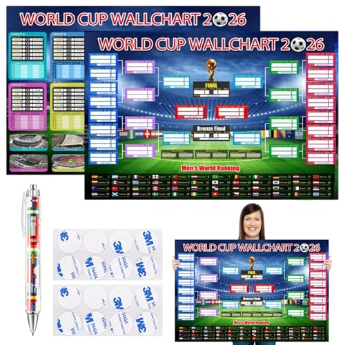 Lot de 2 posters muraux 87 × 58 cm - Coupe du monde de football 2026 - Grande taille - Fixations pour coupe du monde, tournoi et fête - Avec stylo à bille et 8 rubans adhésifs en mousse 3M double face