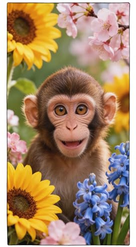 Violetpos Baby Monkey in Sunflowers & Hyacinths Beach Towel, Extra Large 180x90 cm 250GSM Microfibre, Sand Free Quick Dry, Ideal Vacation Gifts with Carry Bag for Pool Cruise Camping