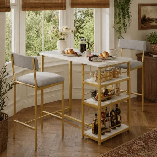 GarveeMore Breakfast Bar Table and Chairs Set for 2, Kitchen Dining Table with Upholstered Bar Stools & 3 Tier Shelves, 2 Seater Set for Small Spaces & Studios, Gold Marble & Grey Velvet
