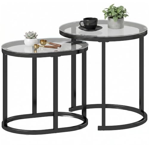 HOMCOM Modern Coffee Table Set of 2 Tempered Glass Tabletop Black/Clear | Nest of Tables with Steel Frame for Living Room, Bedroom