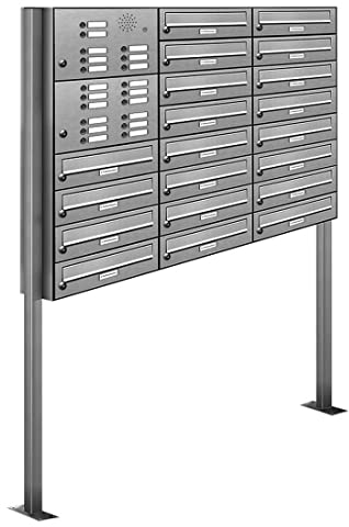 AL Briefkastensysteme 20er V2A Edelstahl Stand Briefkasten mit Klingel rostfrei als 20 Fach Briefkastenanlage DIN A4 in Postkasten Design modern