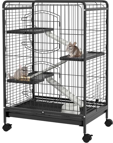 PawHut Cage pour rongeurs Cage pour Petits Animaux Roulante 3 Rampes 3 Plates-Formes Plat et Bouteille d'eau Bac Inférieur Amovible pour Lapin Vison d'animaux Chinchilla Acier PP 61,5x44x95cm Noire