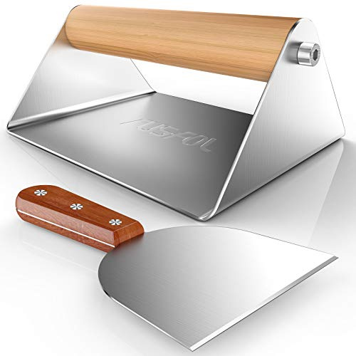 RUSFOL Grill Smasher & Bacon Press - Stainless Steel, Wood Handle, Large 6.3x5.1, Healthy Cooking & Even Heating, Indoor & Outdoor Use, Includes Spatula