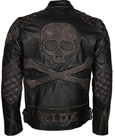 MAXDUD Mäns skalle präglade ben svart sliten vintage café racer motorcykel motorcykel svart läderjacka, Svart sliten – äkta läder, 4XL