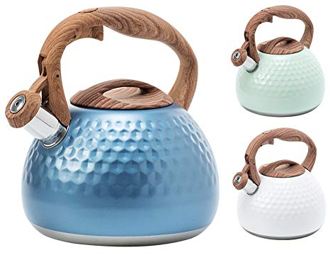 Keho Keho Kehongdun Bouilloire Sifflante Cuisinière, 2.8L, Acier Inoxydable, Bleu, Manche en Bois Anti-brûlure pour Gaz Vitrocéramiques Electriques