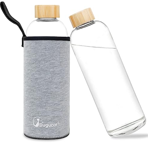 Bugucat Borosilicate Glass Water Bottle 1000ML, Reusable with Protective Sleeves and Leak-Proof Lid, Ideal for Hot and Cold Drinks, Grey