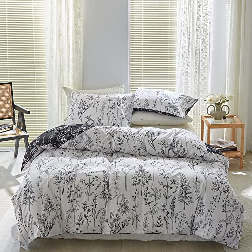 Damier Bettwäsche Weiß 200x200 Schwarz Blumenmotiv Blätter Bettbezug Set Kuschelig Weich Mikrofaser Deckebezug Modern Wende Bettwäsche 3 Teilig mit Reißverschluss und 2 Kissenbezüge 80x80 cm