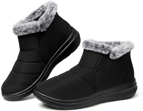 SHIBEVER Winter Waterproof Boots for Women: Snow Women Ankle Black Fur Lined Shoes Size 8 Slip On Warm Insulated Boot