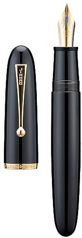 Asvine Jinhao 9019 - Penna stilografica, serie Dadao #8, pennino fine, corpo in acrilico nero con clip dorata, penna di grandi dimensioni