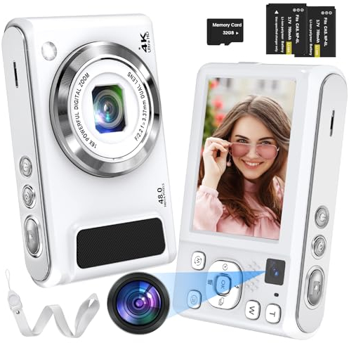Digital Camera,Bofypoo 4K Autofocus Vlogging Camera with 32G Memory Card Front and Rear Dual Cameras,48MP Compact Digital Camera with 16X Digital Zoom for Beginners(White)