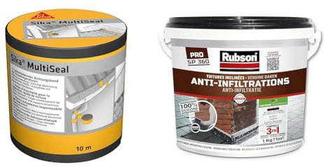 SIKA Multiseal Gris-vert (RAL 7009), Bande d'étanchéité autocollante résistante à la déchirure & Rubson Revêtement Anti-Infiltrations Stop fuite Noir 1 kg, pour réparation & étanchéité de toitures