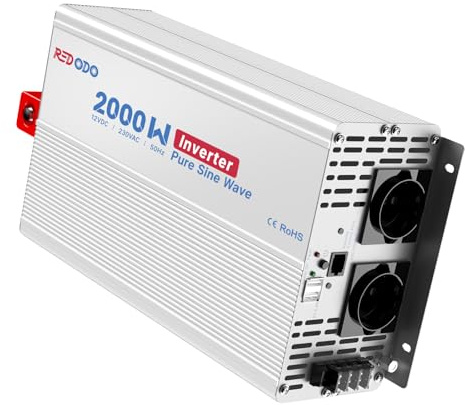 Redodo Pure Sine Wave Inverter 2000W 2V DC a 230V AC Converter per Womo, Camping, Inverter di Energia Solare con 2 Uscite AC, Schermo di Monitoraggio con Visualizzazione dello Stato in Tempo Reale