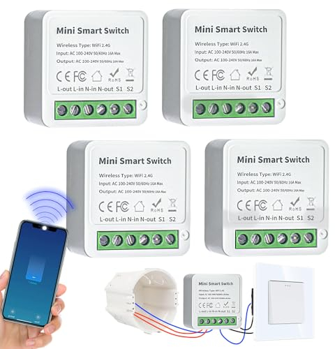 4 interruttori della luce intelligenti modulo a 2 vie, interruttore Smart Life compatibile con app Tuya, Alexa e Google Home, mini interruttore Wi-Fi fai da te, conduttore neutro richiesto, si adatta