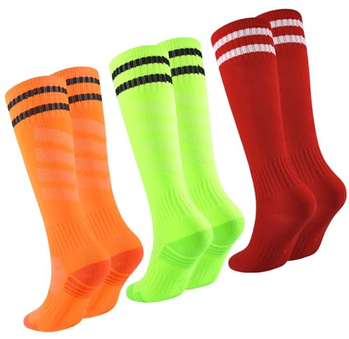 hakugoo Kids Soccer Socks for Boys & Girls - Football & Baseball 3 Pairs, Cushioned, Striped Knee High 7-10Yrs (Orange+Neon Green+Red,M)