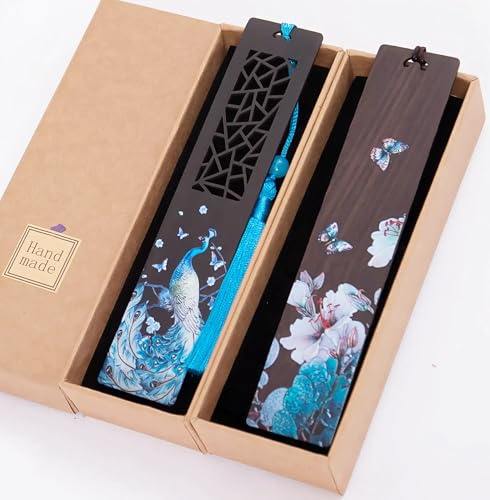 HEYMILA Pack de 2 marque-pages en bois faits main, cadeau pour les vacances, motifs peints exquis, marque-page en bois avec paon fleuri violet, décoration parfaite pour les amateurs de marque-pages
