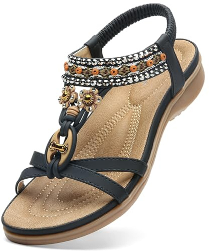 Littleplum Sandalen Damen Freizeit Flach Sandalette mit Strass Perlen Bohemia Strand Schuhe Casual Ankle Elastic Flip Flops,A Schwarz 37 EU