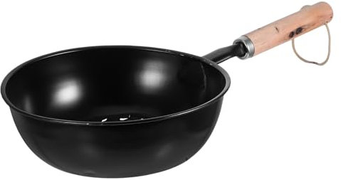 KONTONTY Charcoal Burner Pot and BBQ Chimney Starter Basket Wooden Handle for Camping and Outdoor Barbecue, Black Iron Coal Burning Pot Chestnut Roasting Pan for Efficient Fire Lighting