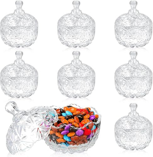 TESIN 8 Pcs Glass Candy Jar with Lids Crystal Decorative Candy Dish Clear Covered Sweets Bowl Cute Jewelry Box Cookie Snack Jar for Home Party Wedding Christmas