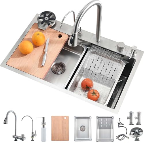 Bokaiya Évier de Cuisine, Cascade Multifonction, Evier de Cuisine à Comptoir Raindance Professionnel Lavabo Acier Inoxydable avec Lave Verre & Robinet Extractiblen Haute Pression Argent 90x45cm