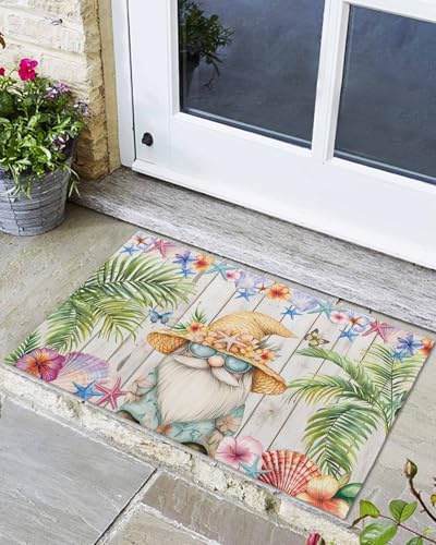 LEQIOLENNG Welcome Doormat, Dwarf Seaside Shell Starfish Non-Slip Front Door Mat Absorbent Bath Mats, Palm Tree White Wood Grain Kitchen Rug Entrance Rugs for Bathroom Bedroom 24x36in