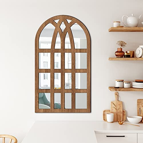 Espejo arqueado, espejo decorativo de pared con marco de madera, espejo de pared moderno, espejo de ventana ligero y duradero para decoración de interiores y exteriores, ideal para el hogar