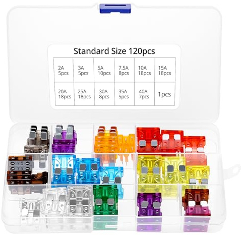 QWORK® 120 piezas kit de fusibles para coche, fusibles de amperaje estándar para caravanas y automóviles, 2A/3A/5A/7,5A/10A/15A/20A/25A/30A/35A/40A