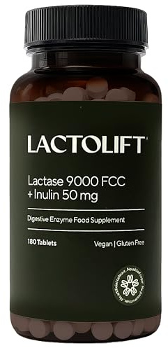Lactolift Fast-Acting Lactase Tablets 9000 FCC with Inulin | High Strength Digestive Enzyme for Lactose Intolerance Relief | Bloating, Gas & Dairy Support | UK Made | Eco-Friendly Biodegradable Bottle