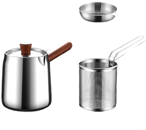 Olla freidora de acero inoxidable 304, con mango de nogal y cesta de malla para filtración de aceite, para freír eficientemente, cazo freidora con cestillo, freidora pequeña (A-3)
