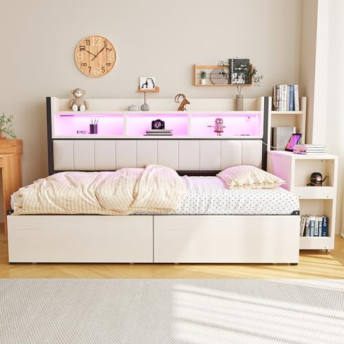 Idemon Divano letto in ferro 90 x 200 cm con armadi multifunzionali, prese multifunzione e illuminazione d'atmosfera, cassetti e scrivania estraibile (bianco)