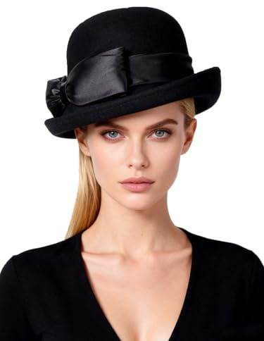 HIMESPORT Women's Black Wool Felt Cloche Hat with Bow Formal Church Tea Party Dress Cocktail Rolling Brim Hats