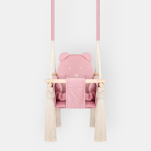 Nid Magique Altalena per bambino interno rosa velluto 6 mesi - 4 anni, seduta sospesa personalizzabile con cinture di sicurezza, made in Europa, corde regolabili 180 cm