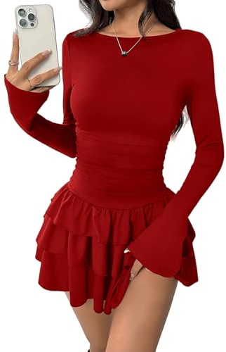 Sukiglam Vestido Corto Mujer Manga Larga con Cuello Barco Sexy Mini Vestidos Ajustado con Falda Volantes Elegantes Bodycon Vestido de Fiesta Otoño Invierno Vestido para Cóctel Noche Club Casual Salir