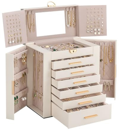 Lolalet Caja Organizadora de Joyas Grande 7 niveles con Espejo Beige