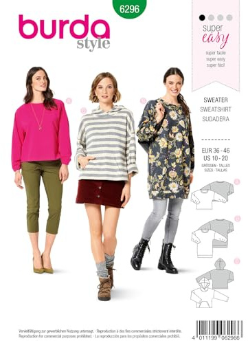 burda style Schnittmuster Damen Sweater & Hoodie #6296 Gr. 34-46 | für Nähanfänger:innen | Papierschnittbogen